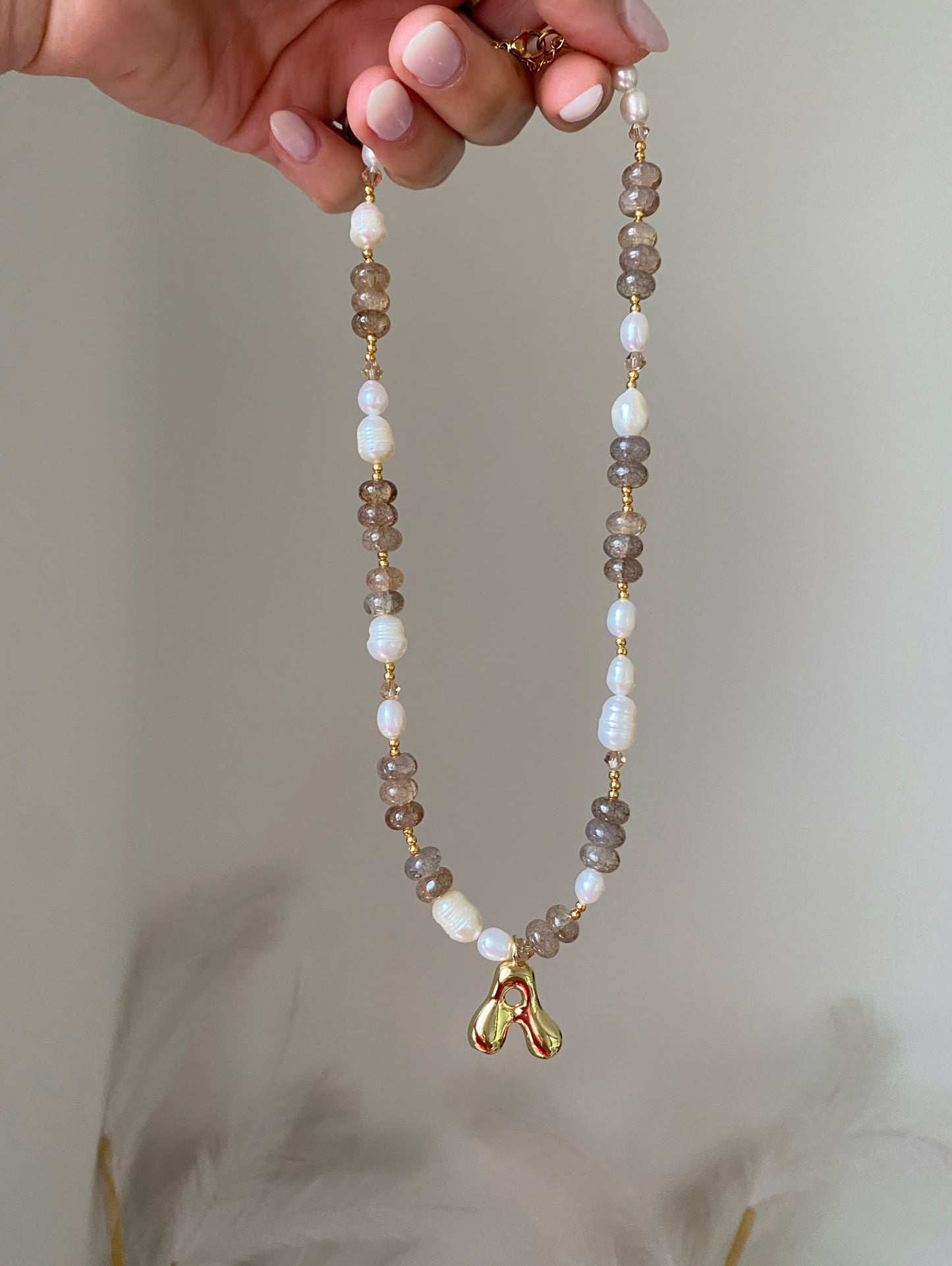 Smoky quartz and freshwater pearl beaded necklace with gold "A" initial charm